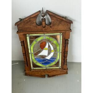 30x18 Vtg Stained Glass Window Hanging English Old World Sailing Ship Boat Decor